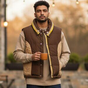 Vintage Ski Daddle Medium Brown Duck Down Feathers Snap Front Zip Pockets Vest M